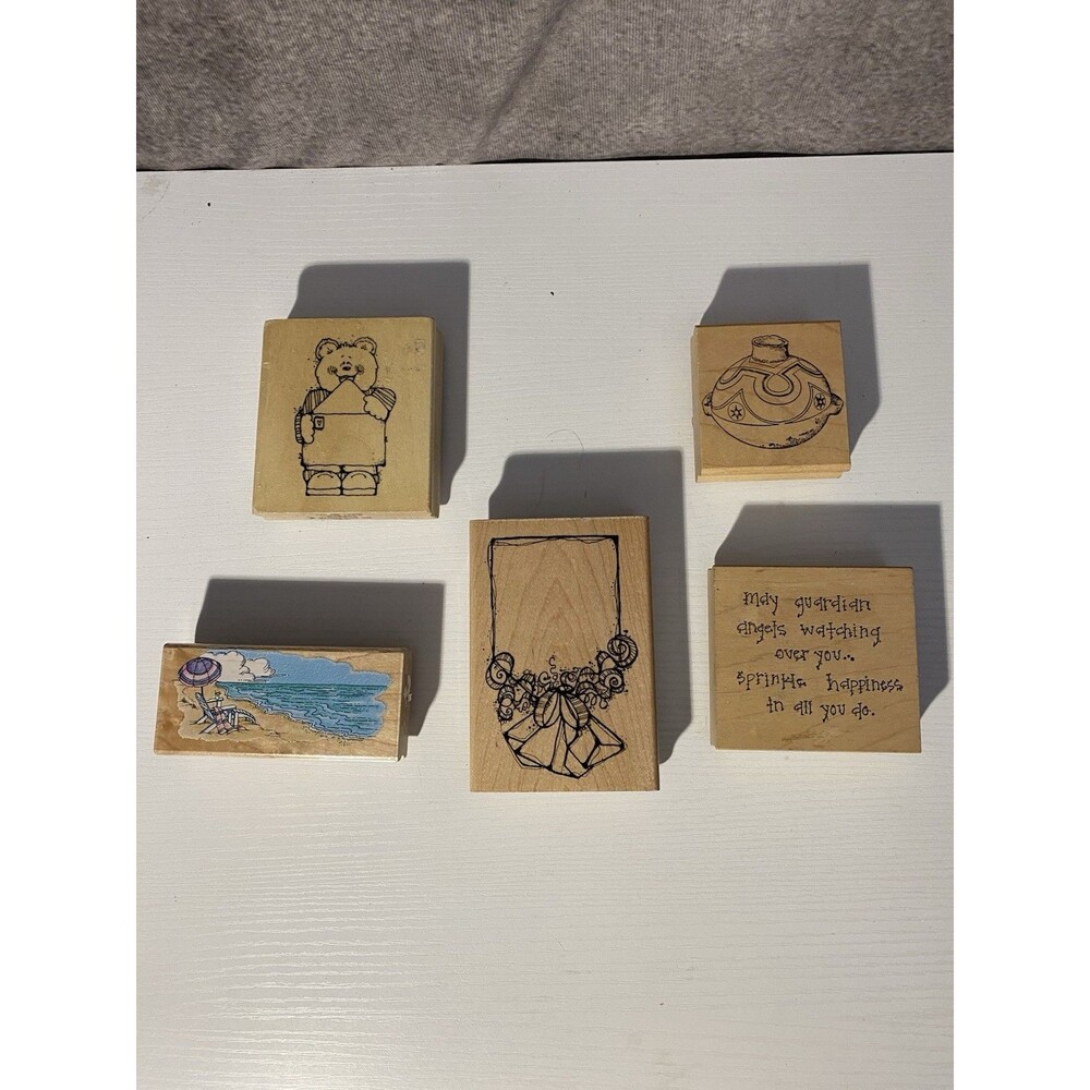 Lot of 5 Vintage Stampendous etc. Wood Mounted Rubber Stamps - Beach Bear Angel